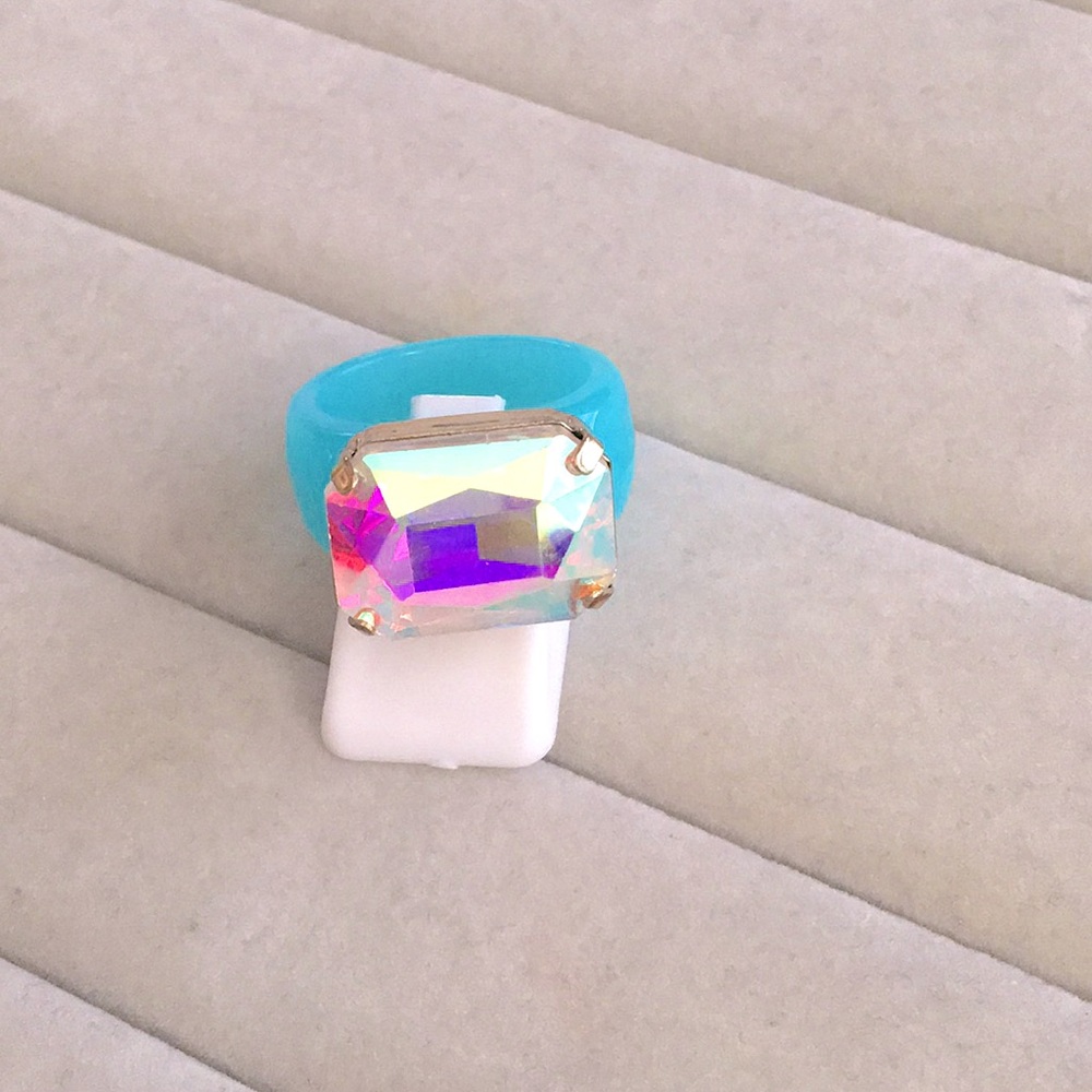Electric Turquoise + Aurora Borealis Emerald Cut Crystal Statement Ring